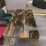 Branching Gold Leg Dining Table with Dark Gold-Veined Marble Top